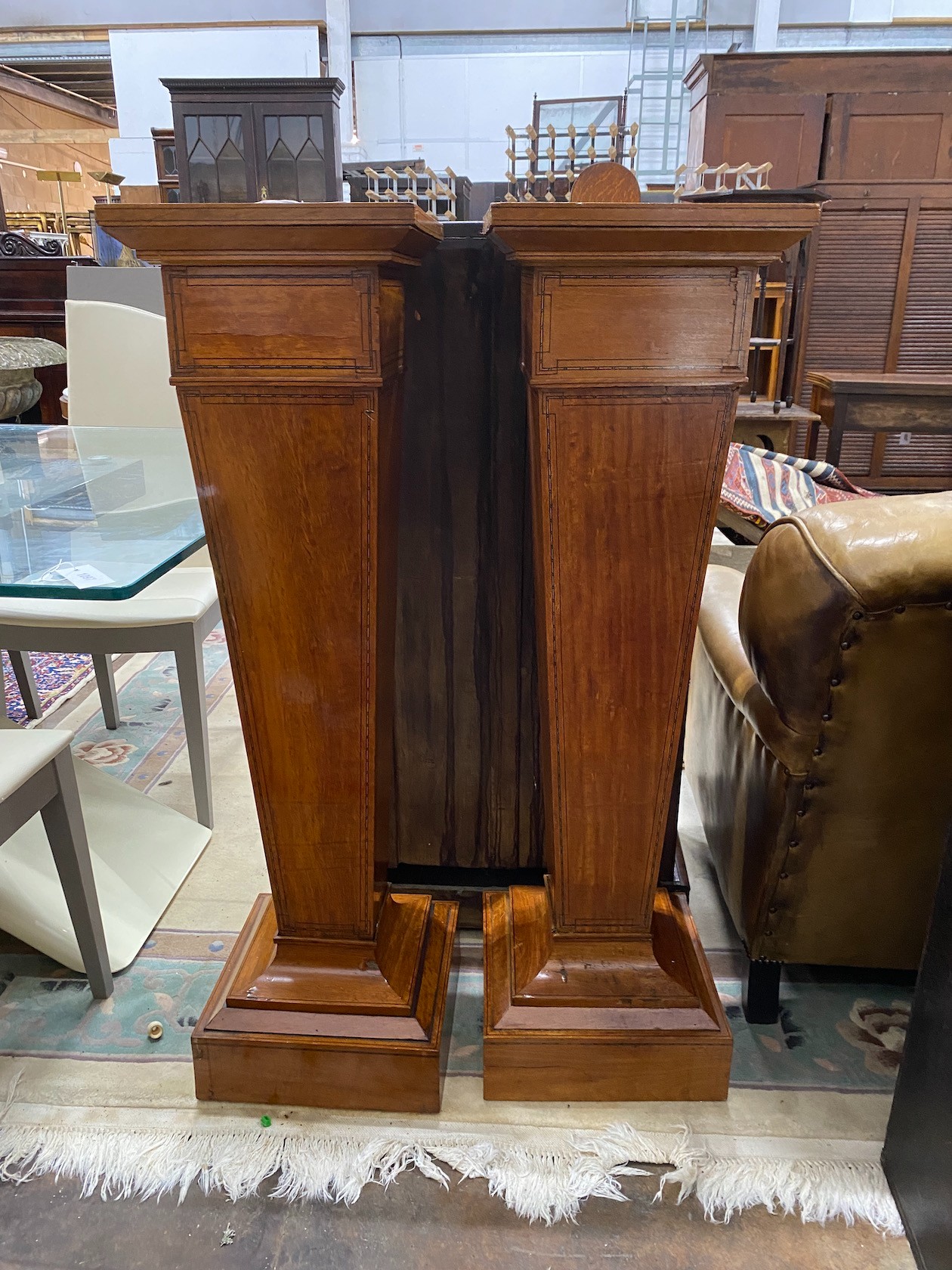 A pair of Edwardian inlaid satinwood pedestals, width 32cm, height 112cm